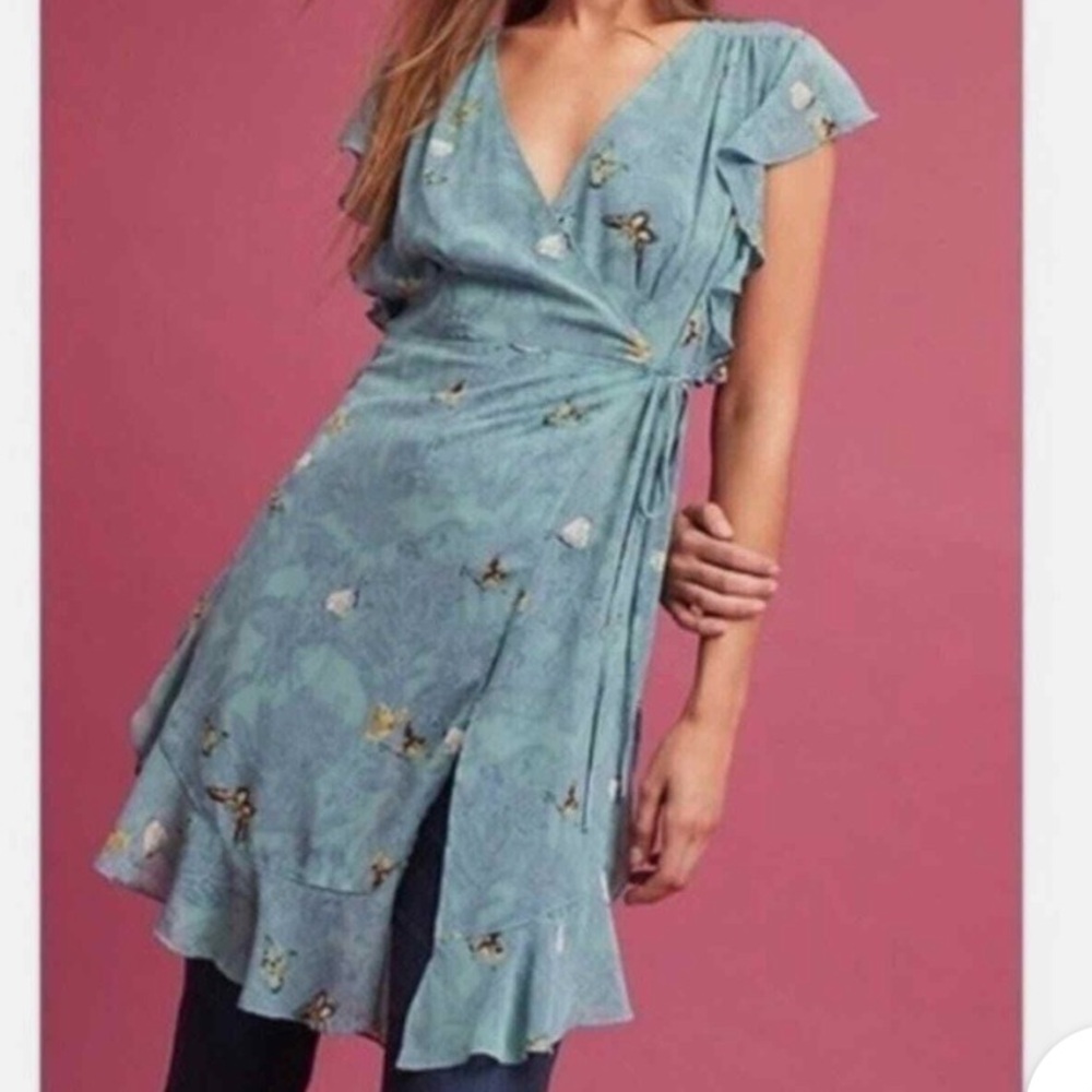 Anthropologie Feather Bone Osuna Wrap Dress Women S Teal Butterfly Sheer Y2K